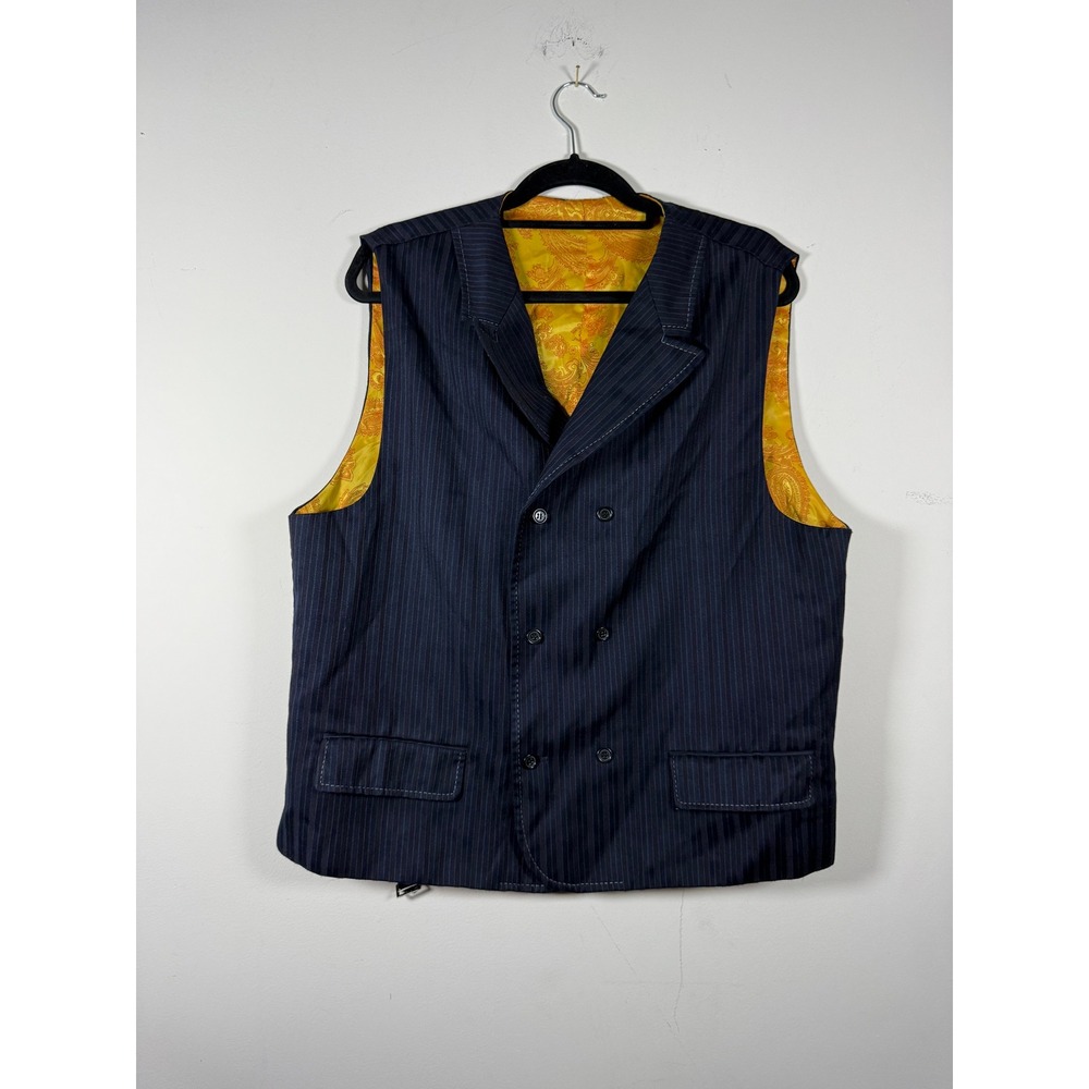 Mens Double Breasted Pinstripe Suit Vest Navy Blue Yellow Paisley Lining 48R